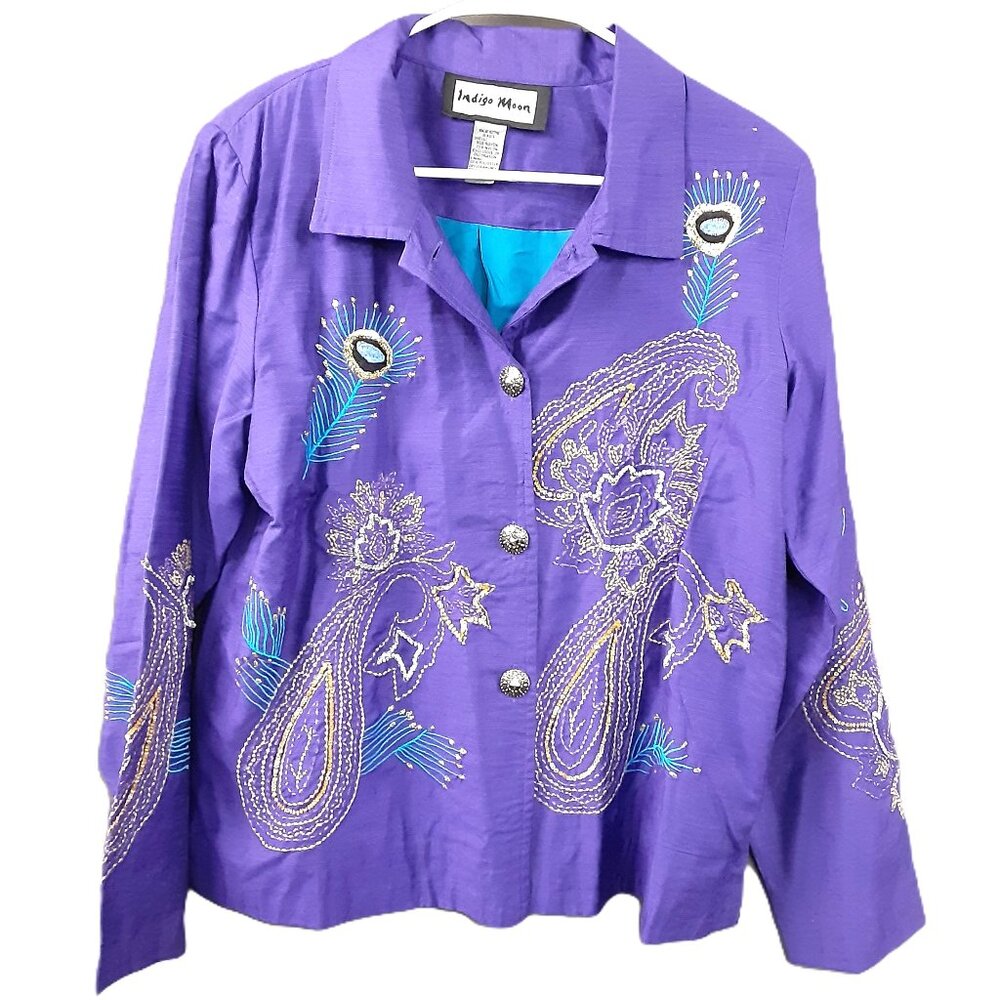 Indigo Moon Purple Jacket Size Medium Lined Sequins Button Closure Long Sleeve